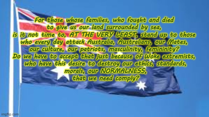 Cancel Culture, Morals and Standards | For those whose families, who fought and died 
to give us our land surrounded by sea, 
is it not time to, AT THE VERY LEAST, stand up to those 
who every day attack Australia, Australians, our Mates, 
our culture, our patriots, masculinity, femininity? 
Do we have to accept that just because of Woke extremists, 
who have this desire to destroy our ethics, standards,
 morals, our NORMALNESS, 
that we need comply? Yarra Man | image tagged in liberal vs labor,conservatives vs progressives | made w/ Imgflip meme maker