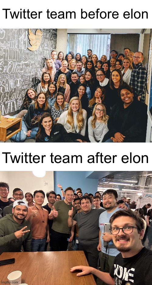 Twitter team before elon; Twitter team after elon | made w/ Imgflip meme maker