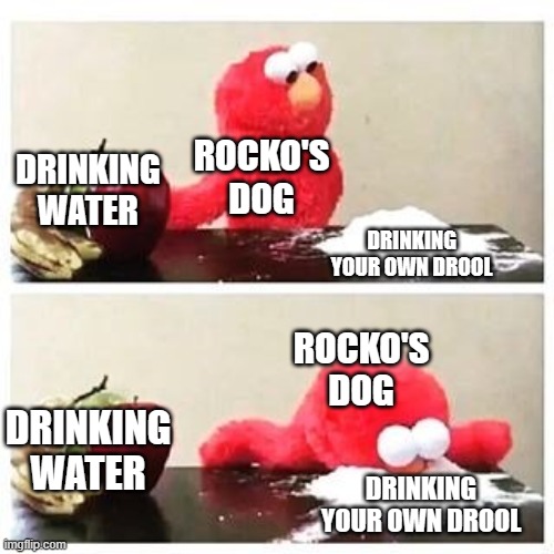 Spunky was a very strange dog | ROCKO'S DOG; DRINKING WATER; DRINKING YOUR OWN DROOL; ROCKO'S DOG; DRINKING WATER; DRINKING YOUR OWN DROOL | image tagged in elmo cocaine,rocko's modern life,nickelodeon | made w/ Imgflip meme maker