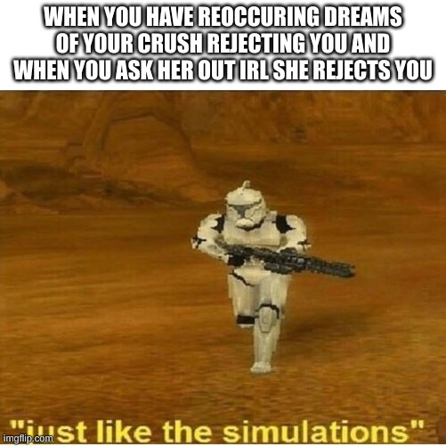 Just like the simulations | WHEN YOU HAVE REOCCURING DREAMS OF YOUR CRUSH REJECTING YOU AND WHEN YOU ASK HER OUT IRL SHE REJECTS YOU | image tagged in just like the simulations | made w/ Imgflip meme maker