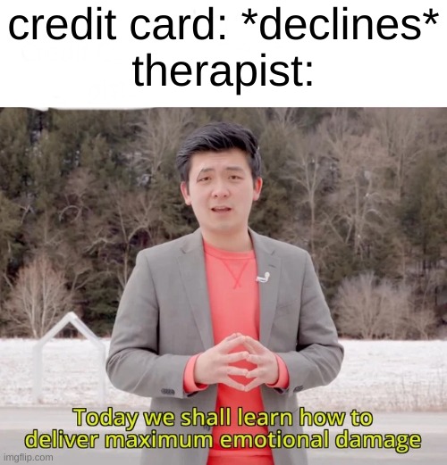 Today we will learn how to deal maximum emotional damage | credit card: *declines*
therapist: | image tagged in today we will learn how to deal maximum emotional damage | made w/ Imgflip meme maker