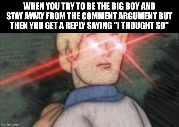 YOU DARE OPPOSE ME LITTLE SH- | WHEN YOU TRY TO BE THE BIG BOY AND STAY AWAY FROM THE COMMENT ARGUMENT BUT THEN YOU GET A REPLY SAYING "I THOUGHT SO" | image tagged in begone thot | made w/ Imgflip meme maker
