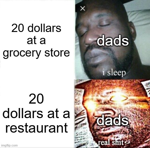 Sleeping Shaq Meme | 20 dollars at a grocery store; dads; 20 dollars at a restaurant; dads | image tagged in memes,sleeping shaq | made w/ Imgflip meme maker