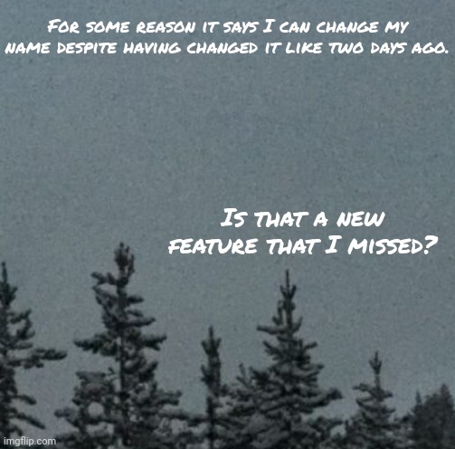 Cold | For some reason it says I can change my name despite having changed it like two days ago. Is that a new feature that I missed? | image tagged in cold | made w/ Imgflip meme maker