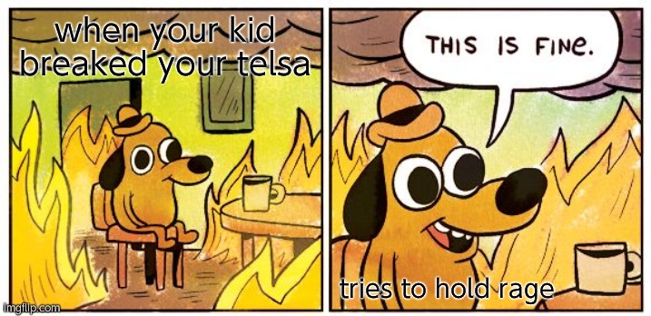 This Is Fine | when your kid breaked your telsa; tries to hold rage | image tagged in memes,this is fine | made w/ Imgflip meme maker