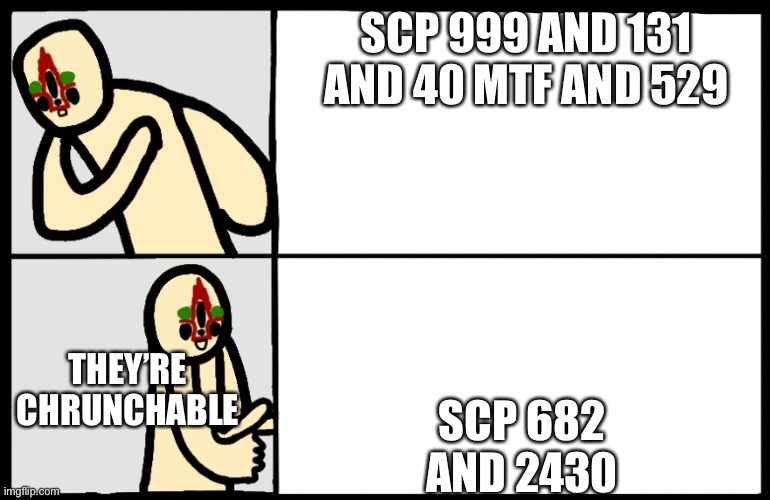 SCP vs SCP vs SCP | SCP 999 AND 131 AND 40 MTF AND 529; SCP 682 AND 2430; THEY’RE CHRUNCHABLE | image tagged in peanut drake,scp | made w/ Imgflip meme maker