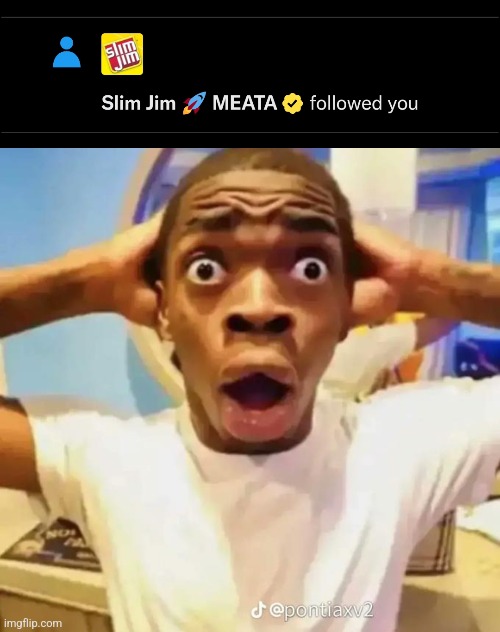 No way the official slim jim follows me on Twitter | image tagged in shocked black guy | made w/ Imgflip meme maker