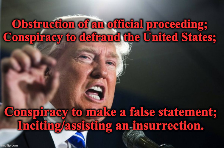 donald trump | Obstruction of an official proceeding;
Conspiracy to defraud the United States;; Conspiracy to make a false statement;
Inciting/assisting an insurrection. | image tagged in donald trump | made w/ Imgflip meme maker