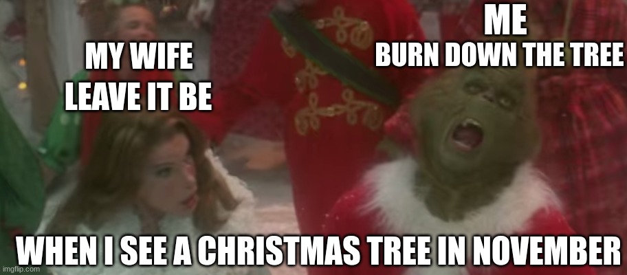 The Grinch And Martha | ME; LEAVE IT BE; MY WIFE; BURN DOWN THE TREE; WHEN I SEE A CHRISTMAS TREE IN NOVEMBER | image tagged in the grinch | made w/ Imgflip meme maker
