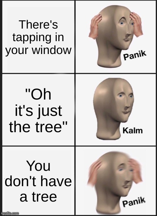 Does this only happen to me? | There's tapping in your window; "Oh it's just the tree"; You don't have a tree | image tagged in memes,panik kalm panik,spooky | made w/ Imgflip meme maker