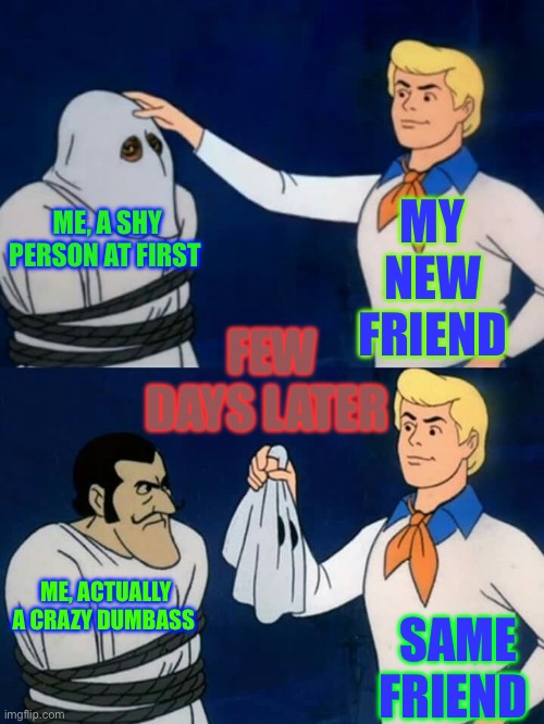 Scooby doo mask reveal | MY NEW FRIEND; ME, A SHY PERSON AT FIRST; FEW DAYS LATER; ME, ACTUALLY A CRAZY DUMBASS; SAME FRIEND | image tagged in scooby doo mask reveal | made w/ Imgflip meme maker