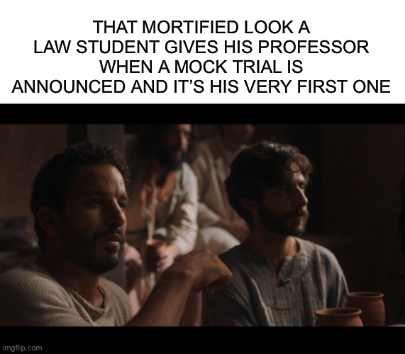 THAT MORTIFIED LOOK A LAW STUDENT GIVES HIS PROFESSOR WHEN A MOCK TRIAL IS ANNOUNCED AND IT’S HIS VERY FIRST ONE | image tagged in blank white template,the chosen,law,lawyers,law school,first time | made w/ Imgflip meme maker