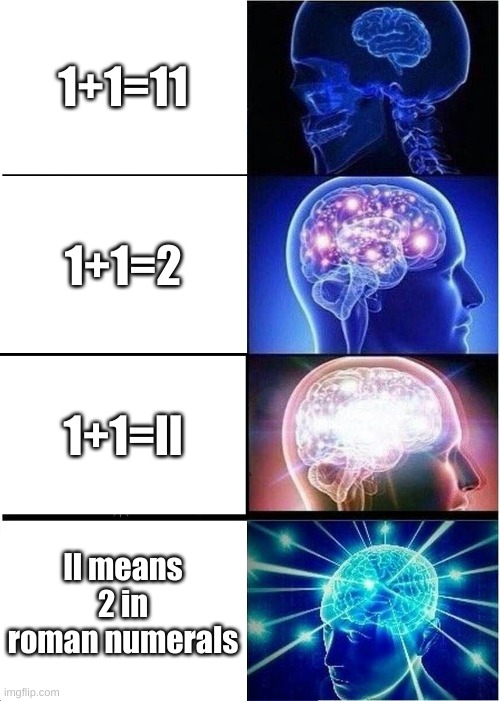 Expanding Brain | 1+1=11; 1+1=2; 1+1=ll; ll means 2 in roman numerals | image tagged in memes,expanding brain | made w/ Imgflip meme maker