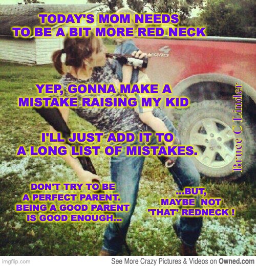 Parenting | TODAY'S MOM NEEDS TO BE A BIT MORE RED NECK; YEP, GONNA MAKE A MISTAKE RAISING MY KID; Bruce C Linder; I'LL JUST ADD IT TO A LONG LIST OF MISTAKES. DON'T TRY TO BE A PERFECT PARENT. 
BEING A GOOD PARENT
 IS GOOD ENOUGH... ...BUT, MAYBE  NOT 'THAT' REDNECK ! | image tagged in redneck,courage,parenting,gut feelings | made w/ Imgflip meme maker