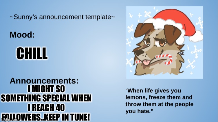 insert clever title here | CHILL; I MIGHT SO SOMETHING SPECIAL WHEN I REACH 40 FOLLOWERS..KEEP IN TUNE! | image tagged in furry,the furry fandom,sunny's announcement template,hey internet | made w/ Imgflip meme maker