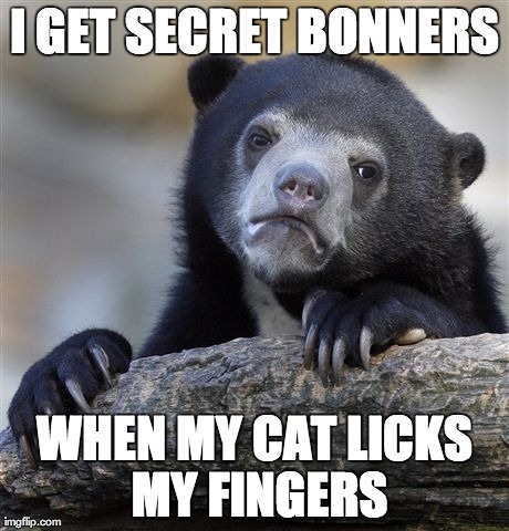 Confession Bear Meme | I GET SECRET BONNERS WHEN MY CAT LICKS MY FINGERS | image tagged in memes,confession bear,AdviceAnimals | made w/ Imgflip meme maker