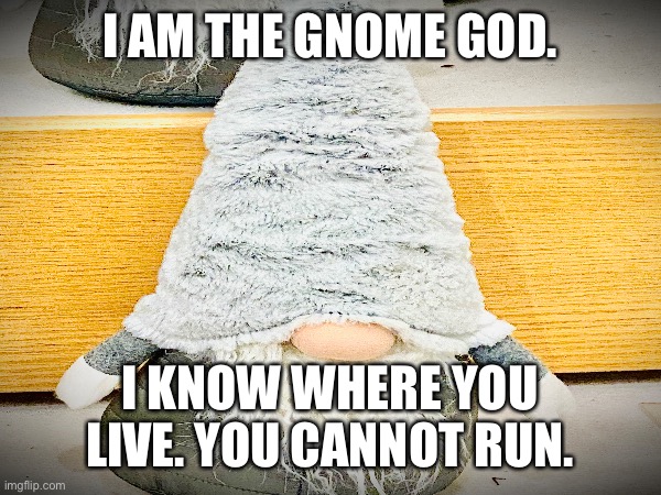 #gnome | I AM THE GNOME GOD. I KNOW WHERE YOU LIVE. YOU CANNOT RUN. | image tagged in gnome | made w/ Imgflip meme maker