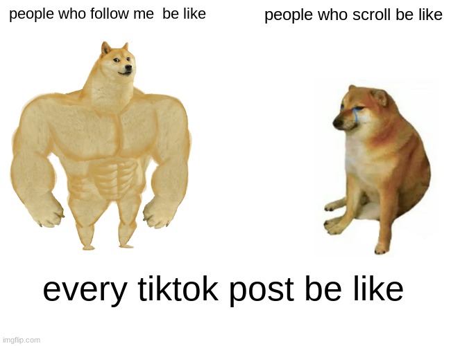 Buff Doge vs. Cheems | people who follow me  be like; people who scroll be like; every tiktok post be like | image tagged in memes,buff doge vs cheems | made w/ Imgflip meme maker