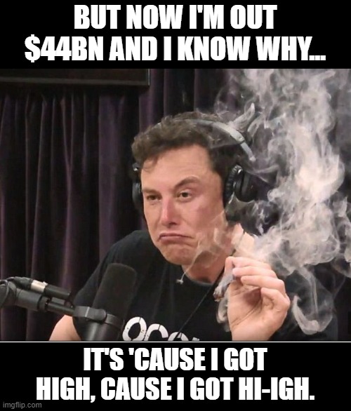 Elon Musk smoking a joint | BUT NOW I'M OUT $44BN AND I KNOW WHY... IT'S 'CAUSE I GOT HIGH, CAUSE I GOT HI-IGH. | image tagged in elon musk smoking a joint | made w/ Imgflip meme maker