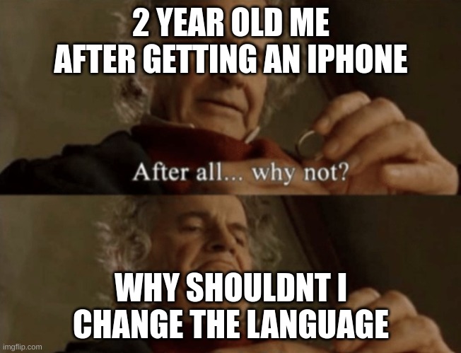Yes | 2 YEAR OLD ME AFTER GETTING AN IPHONE; WHY SHOULDNT I CHANGE THE LANGUAGE | image tagged in after all why not | made w/ Imgflip meme maker