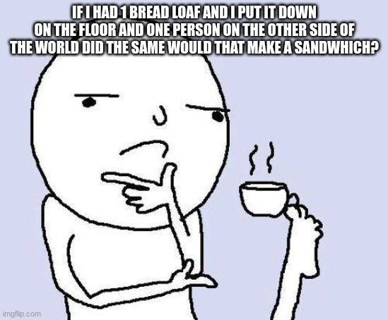 Makes sense. I guess | IF I HAD 1 BREAD LOAF AND I PUT IT DOWN ON THE FLOOR AND ONE PERSON ON THE OTHER SIDE OF THE WORLD DID THE SAME WOULD THAT MAKE A SANDWHICH? | image tagged in thinking meme | made w/ Imgflip meme maker