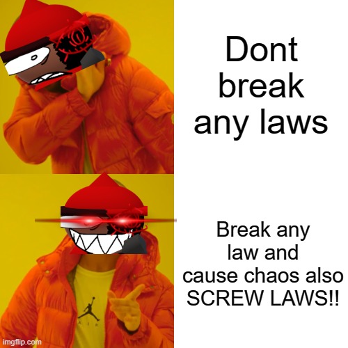 Dave and bambi meme | Dont break any laws; Break any law and cause chaos also SCREW LAWS!! | image tagged in memes,drake hotline bling | made w/ Imgflip meme maker