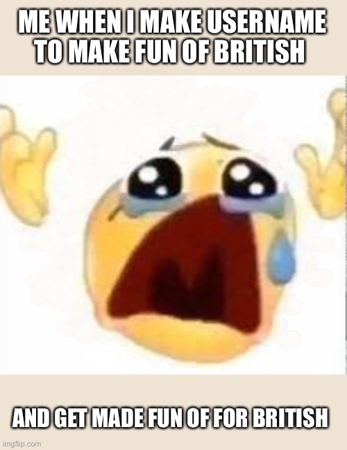 ME WHEN I MAKE USERNAME TO MAKE FUN OF BRITISH; AND GET MADE FUN OF FOR BRITISH | image tagged in crying emoji | made w/ Imgflip meme maker