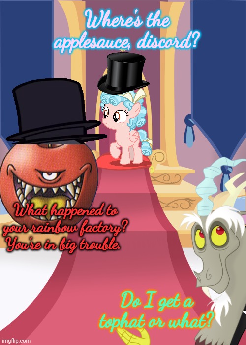 Cozy Glow's return | Where's the applesauce, discord? What happened to your rainbow factory? You're in big trouble. Do I get a tophat or what? | image tagged in cozy glow,rules,equestria,mlp,evil ponies | made w/ Imgflip meme maker