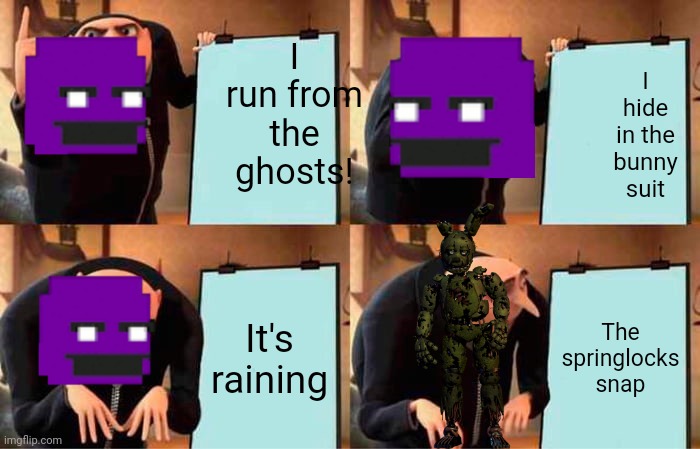 Gru's Plan | I run from the ghosts! I hide in the bunny suit; It's raining; The springlocks snap | image tagged in memes,gru's plan | made w/ Imgflip meme maker