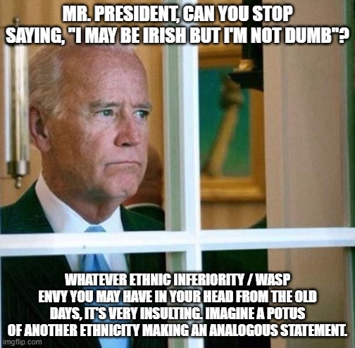 ty | MR. PRESIDENT, CAN YOU STOP SAYING, "I MAY BE IRISH BUT I'M NOT DUMB"? WHATEVER ETHNIC INFERIORITY / WASP ENVY YOU MAY HAVE IN YOUR HEAD FROM THE OLD DAYS, IT'S VERY INSULTING. IMAGINE A POTUS OF ANOTHER ETHNICITY MAKING AN ANALOGOUS STATEMENT. | image tagged in sad joe biden | made w/ Imgflip meme maker