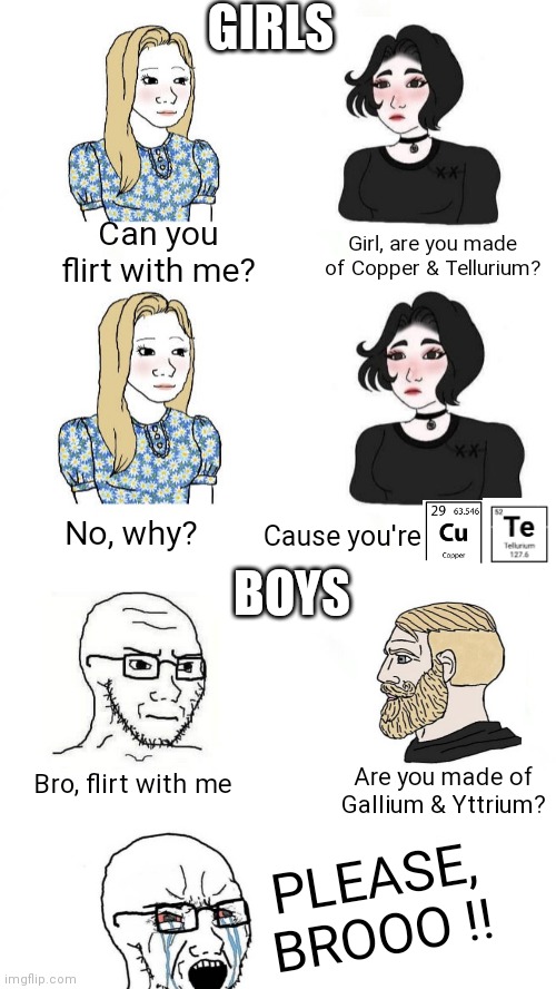 Flirt | GIRLS; Can you flirt with me? Girl, are you made of Copper & Tellurium? Cause you're; No, why? BOYS; Bro, flirt with me; Are you made of Gallium & Yttrium? PLEASE, BROOO !! | image tagged in white background,funny,funny memes,funny meme,lol so funny,too funny | made w/ Imgflip meme maker