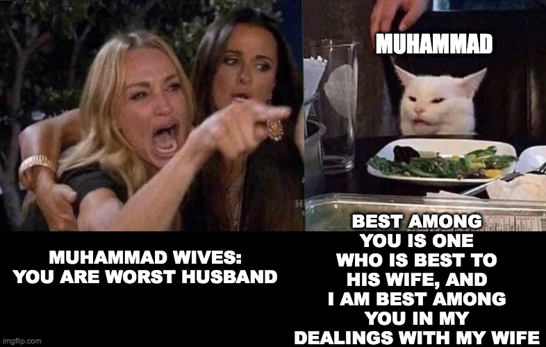 woman yelling at cat | MUHAMMAD; BEST AMONG YOU IS ONE WHO IS BEST TO HIS WIFE, AND I AM BEST AMONG YOU IN MY DEALINGS WITH MY WIFE; MUHAMMAD WIVES:
YOU ARE WORST HUSBAND | image tagged in woman yelling at cat | made w/ Imgflip meme maker