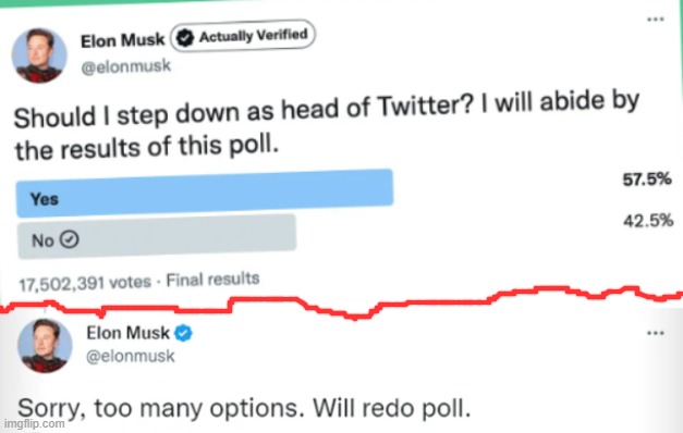Site moderator rejected this from the fun stream claiming it was a repost. Um, Ohhhhkay. | image tagged in memes,elon musk,twitter,step down,poll,redo | made w/ Imgflip meme maker