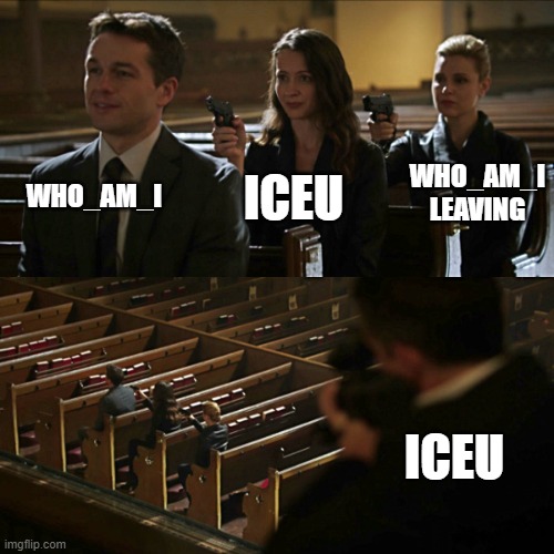 Assassination chain | WHO_AM_I; WHO_AM_I LEAVING; ICEU; ICEU | image tagged in assassination chain | made w/ Imgflip meme maker