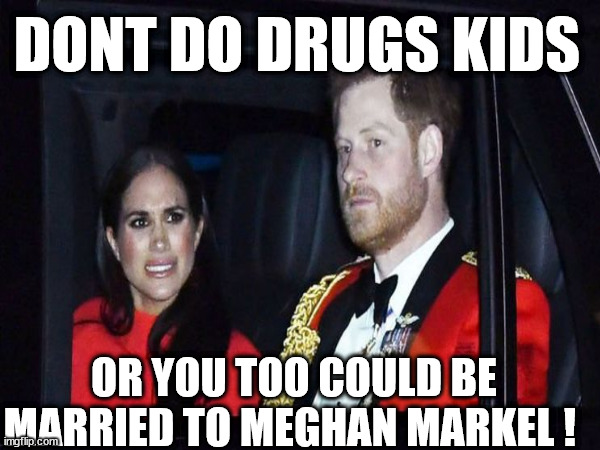 drugs are bad mmmkay | DONT DO DRUGS KIDS; OR YOU TOO COULD BE MARRIED TO MEGHAN MARKEL ! | image tagged in funny memes,prince harry | made w/ Imgflip meme maker