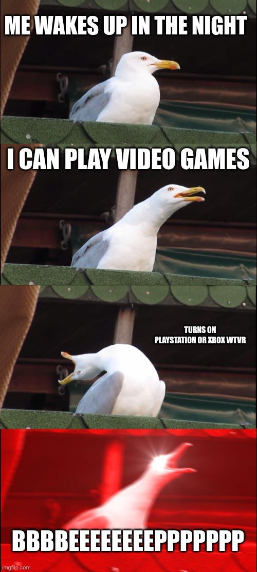 Inhaling Seagull Meme | ME WAKES UP IN THE NIGHT; I CAN PLAY VIDEO GAMES; TURNS ON PLAYSTATION OR XBOX WTVR; BBBBEEEEEEEEPPPPPPP | image tagged in memes,inhaling seagull,lol,funny,console | made w/ Imgflip meme maker