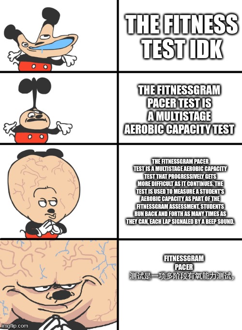 Big brain Mokey | THE FITNESS TEST IDK; THE FITNESSGRAM PACER TEST IS A MULTISTAGE AEROBIC CAPACITY TEST; THE FITNESSGRAM PACER TEST IS A MULTISTAGE AEROBIC CAPACITY TEST THAT PROGRESSIVELY GETS MORE DIFFICULT AS IT CONTINUES. THE TEST IS USED TO MEASURE A STUDENT'S AEROBIC CAPACITY AS PART OF THE FITNESSGRAM ASSESSMENT. STUDENTS RUN BACK AND FORTH AS MANY TIMES AS THEY CAN, EACH LAP SIGNALED BY A BEEP SOUND. FITNESSGRAM PACER 测试是一项多阶段有氧能力测试， | image tagged in mega big brain mokey,the fitness gram | made w/ Imgflip meme maker