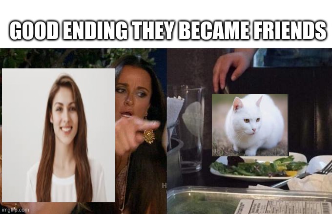 Woman Yelling At Cat Meme | GOOD ENDING THEY BECAME FRIENDS | image tagged in memes,woman yelling at cat,lol,good ending,meme,funny | made w/ Imgflip meme maker