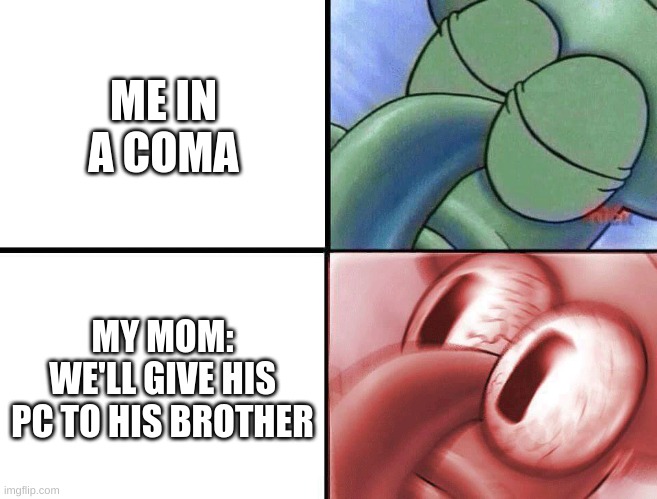 sleeping Squidward | ME IN A COMA; MY MOM: WE'LL GIVE HIS PC TO HIS BROTHER | image tagged in sleeping squidward,lol,memes,pc,gaming,funny | made w/ Imgflip meme maker