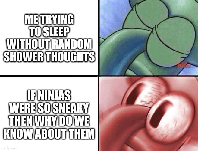 sleeping Squidward | ME TRYING TO SLEEP WITHOUT RANDOM SHOWER THOUGHTS; IF NINJAS WERE SO SNEAKY THEN WHY DO WE KNOW ABOUT THEM | image tagged in sleeping squidward | made w/ Imgflip meme maker