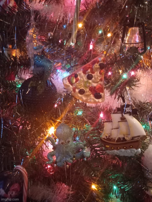 MY CHRISTMAS TREE | image tagged in pirate ship,pirate,octopus,mermaid,pizza,christmas tree | made w/ Imgflip meme maker