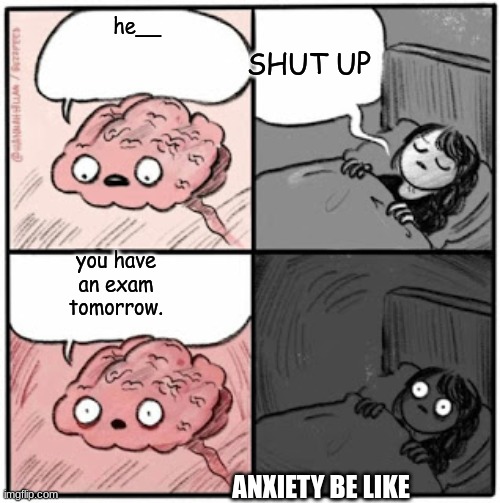 Brain Before Sleep | SHUT UP; he__; you have an exam tomorrow. ANXIETY BE LIKE | image tagged in brain before sleep | made w/ Imgflip meme maker