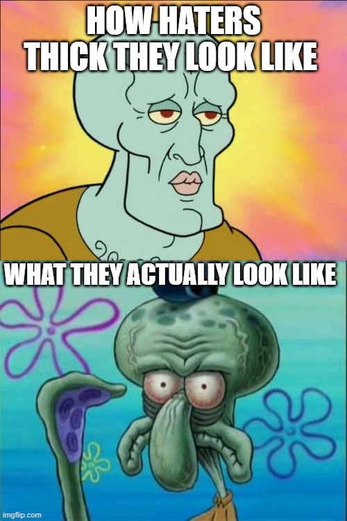 how they look like | HOW HATERS THICK THEY LOOK LIKE; WHAT THEY ACTUALLY LOOK LIKE | image tagged in memes,squidward | made w/ Imgflip meme maker