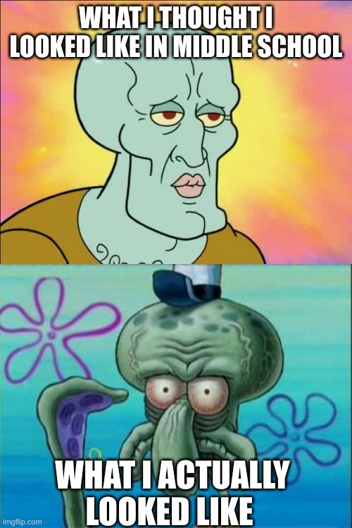 Middle School Looks | WHAT I THOUGHT I LOOKED LIKE IN MIDDLE SCHOOL; WHAT I ACTUALLY LOOKED LIKE | image tagged in memes,squidward,middle school | made w/ Imgflip meme maker