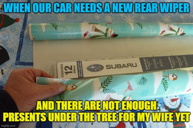 A gift for your wife/girlfriend | WHEN OUR CAR NEEDS A NEW REAR WIPER; AND THERE ARE NOT ENOUGH PRESENTS UNDER THE TREE FOR MY WIFE YET | image tagged in christmas memes | made w/ Imgflip meme maker