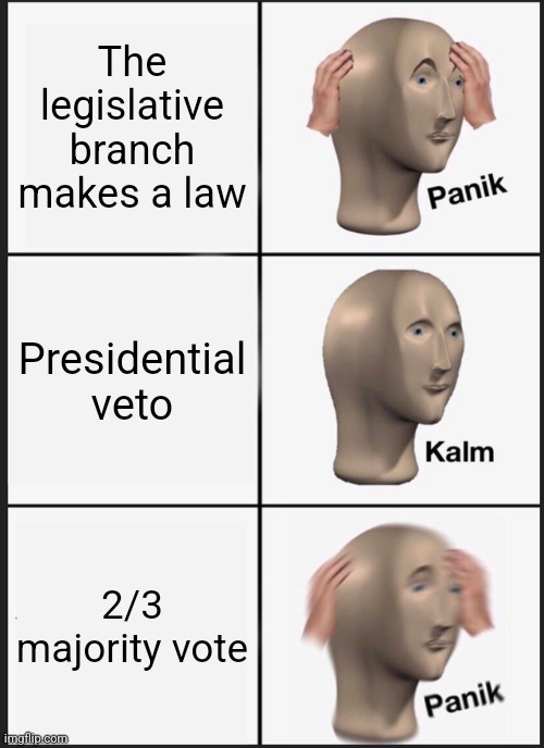 Panik Kalm Panik Meme | The legislative branch makes a law; Presidential veto; 2/3 majority vote | image tagged in memes,panik kalm panik | made w/ Imgflip meme maker