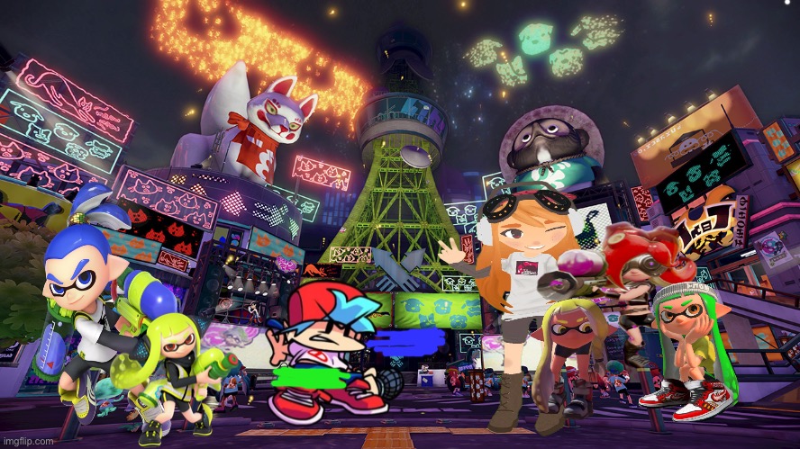 Meggy and bf rapping with the inklings watching | image tagged in inkopolis night | made w/ Imgflip meme maker