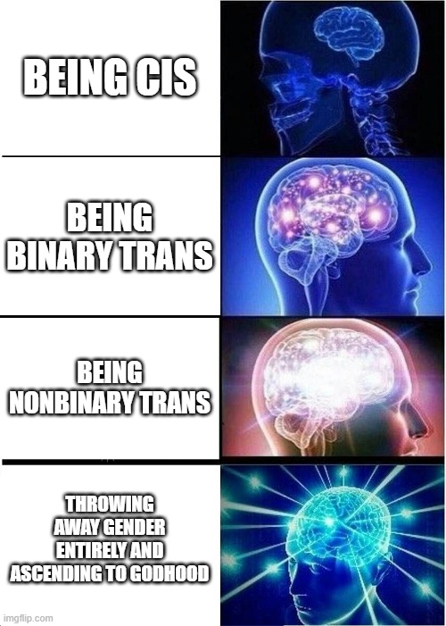 haha gender | BEING CIS; BEING BINARY TRANS; BEING NONBINARY TRANS; THROWING AWAY GENDER ENTIRELY AND ASCENDING TO GODHOOD | image tagged in memes,expanding brain | made w/ Imgflip meme maker