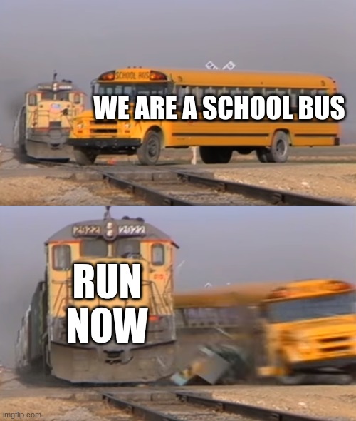 A train hitting a school bus | WE ARE A SCHOOL BUS; RUN NOW | image tagged in a train hitting a school bus | made w/ Imgflip meme maker