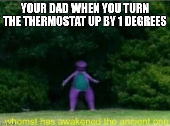 Whomst has awakened the ancient one | YOUR DAD WHEN YOU TURN THE THERMOSTAT UP BY 1 DEGREES | image tagged in whomst has awakened the ancient one | made w/ Imgflip meme maker